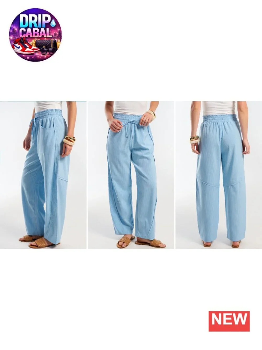 Womens Striped Barrel Casual Pants Elastic Drawstring Baggy Lounge Wide Leg